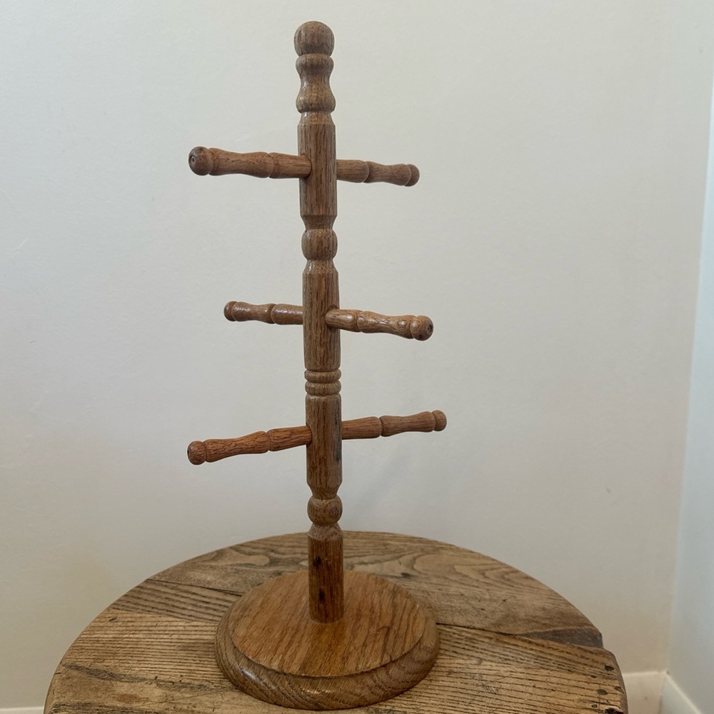 Vintage Wood Coffee Cup Mug Tree Rack Holder 6 mugs farmhouse